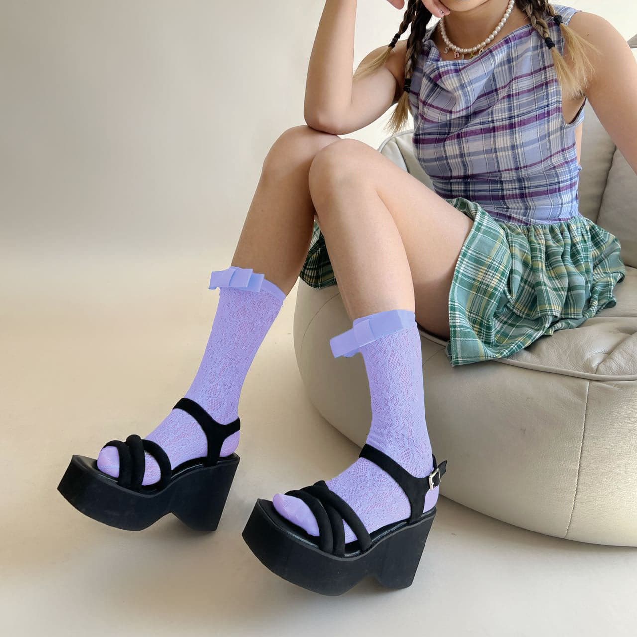 Bowknot lace solid long socks