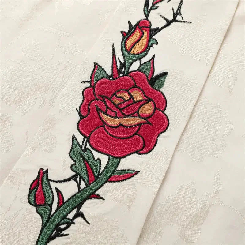 Rose Embroidery Tie Shirt