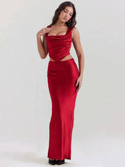 Wine Satin Corset Top & Maxi Skirt Two Piece Set