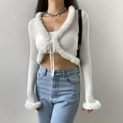 Y2K Faux Fur Corduroy Crop Cardigan