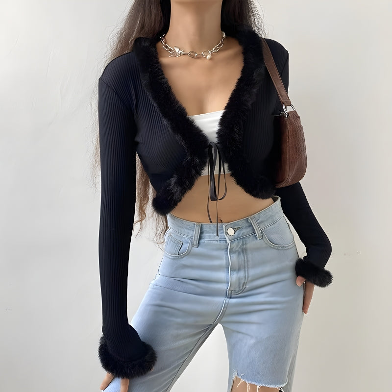 Y2K Faux Fur Corduroy Crop Cardigan