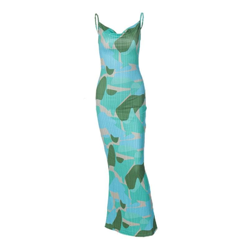 Backless cowl neck v neck contrast print cami maxi dress