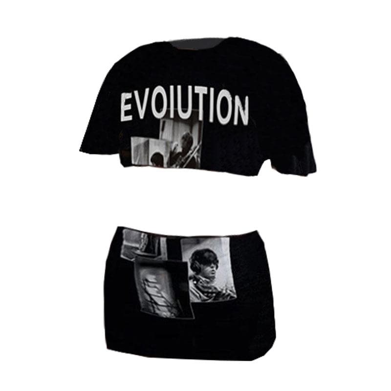 Crewneck short sleeve abstract contrast mini skirt set