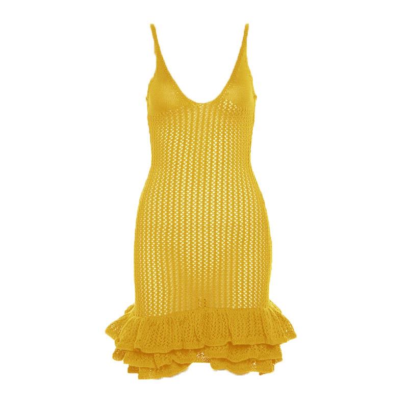 Crochet v neck sleeveless hollow out ruffle cut out mini dress