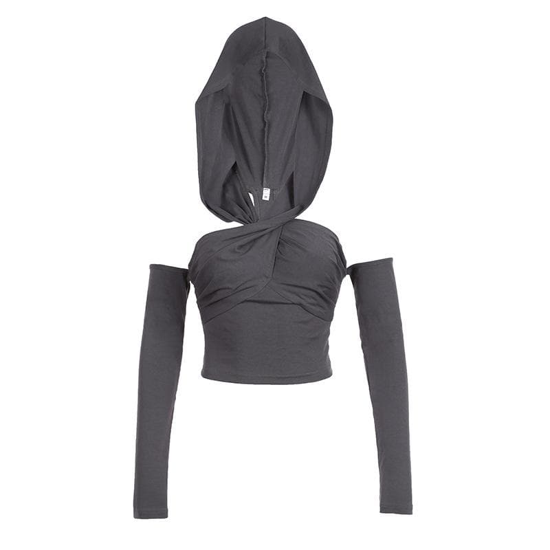 Cross front hoodie sleeveless gloves backless crop top