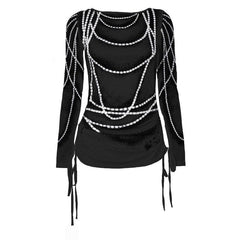 Drawstring long sleeve beaded print contrast backless top