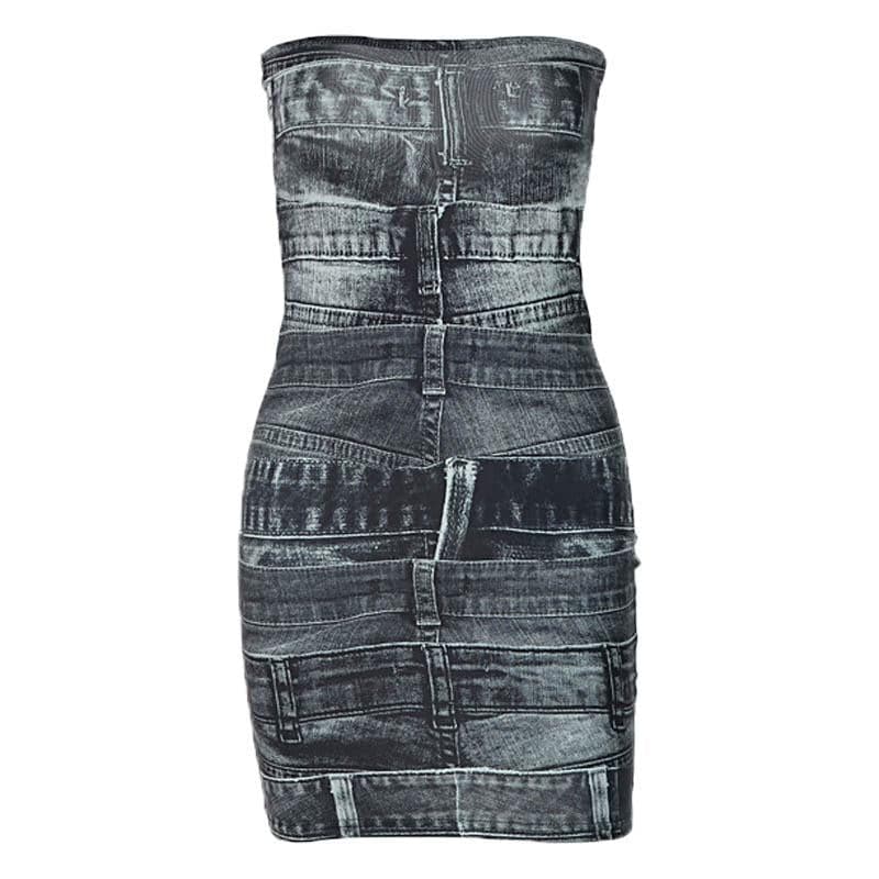 Denim print contrast backless tube mini dress