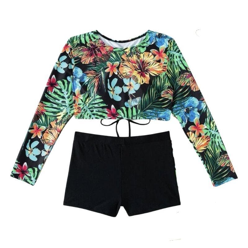 Cross back long sleeve hollow out contrast self tie pant bikini swimwear