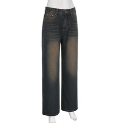 Gradient button straight leg high rise jeans