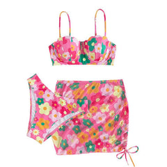 Flower pattern drawstring contrast padded 3 piece swimwear