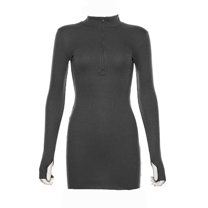 Gloves long sleeve solid zip-up high neck mini dress