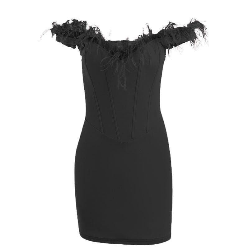 Feather backless zip-up off shoulder corset mini dress - Final Sale