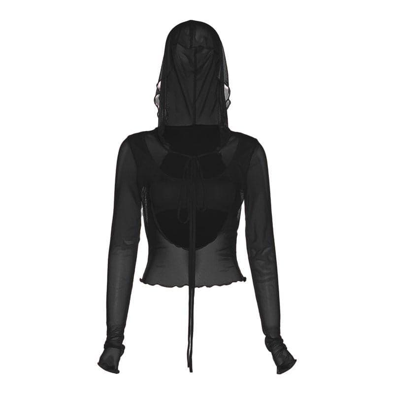 Long sleeve solid mesh hoodie self tie hollow out crop cut out top