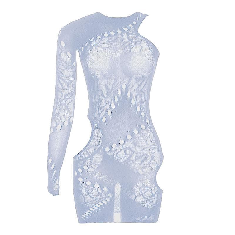 Fishnet irregular long sleeve hollow out see through cut out mini dress