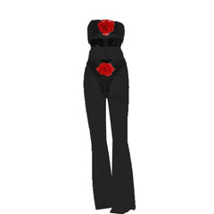 Flower applique contrast hollow out ruched lace contrast jumpsuit