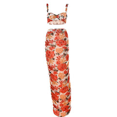 Flower print ruffle contrast ruched lace maxi skirt set