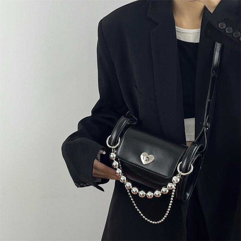 Beaded metal chain PU sliver heart crossbody bag