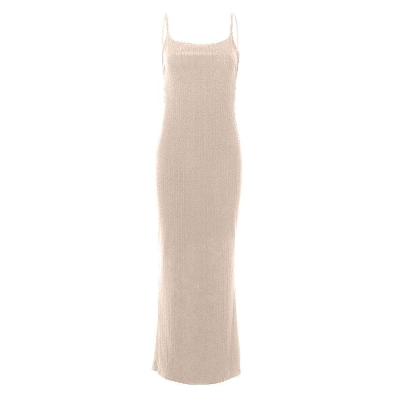 Backless self tie ribbed square neck solid cami maxi dress