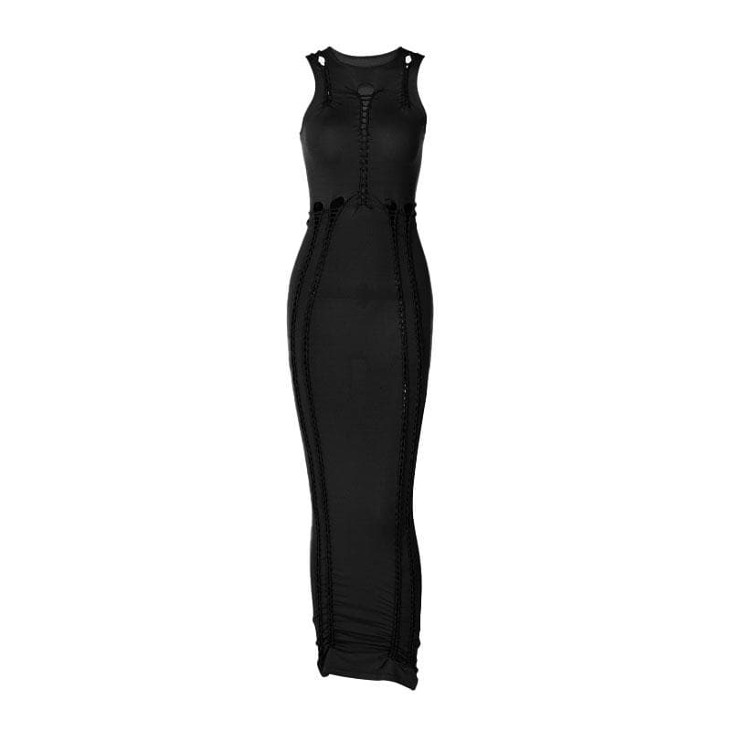 Crewneck sleeveless hollow out solid ruched cut out maxi dress