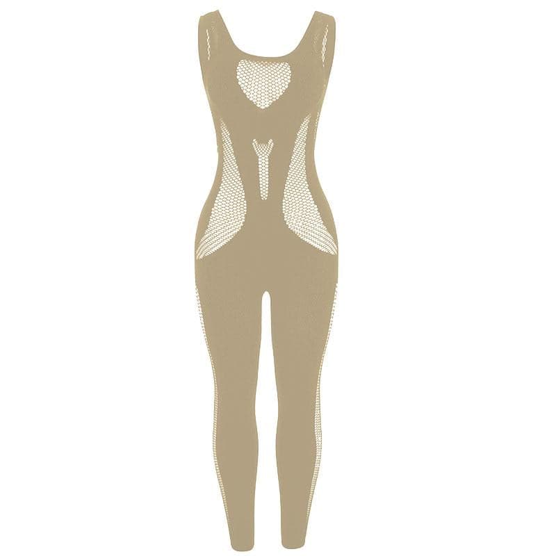 Fishnet sleeveless hollow out u neck solid jumpsuit