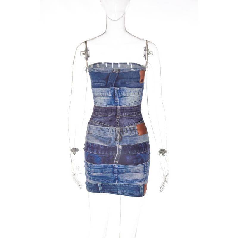 Denim print contrast backless tube mini dress