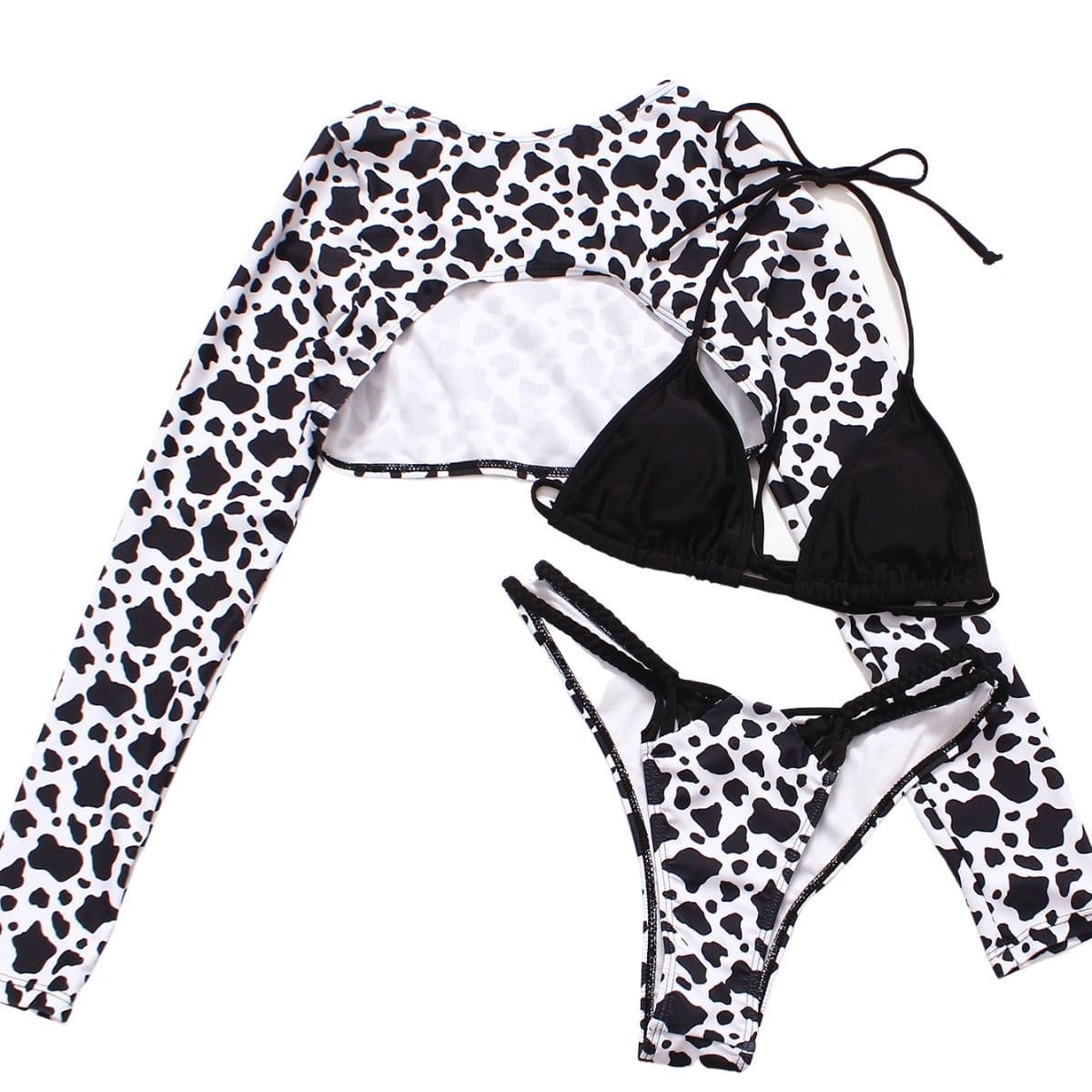 Leopard print long sleeve contrast halter 3 piece swimwear