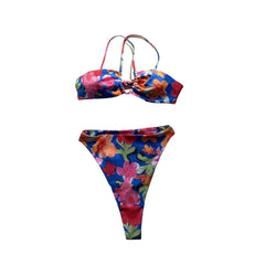 Flower pattern contrast cross back backless bikini swimwear