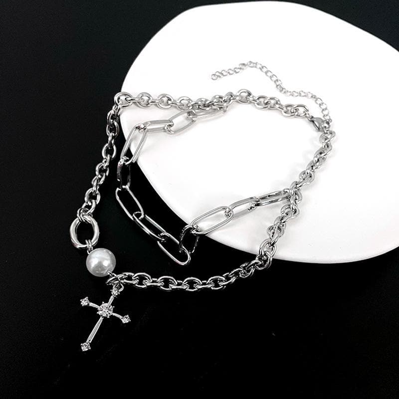 Cross faux pearl layered chain choker necklace