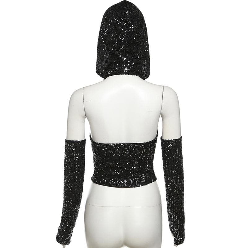 Glitter cowl neck hoodie gloves backless halter crop top