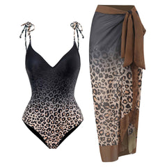 Leopard print self tie backless v neck gradient one piece swimwear