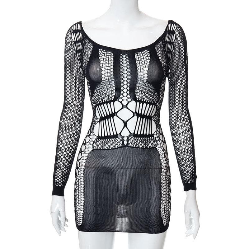 Fishnet long sleeve hollow out see through cut out mini dress