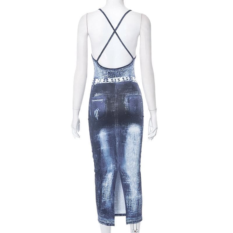 Cross back u neck backless denim print contrast slit midi dress- Final Sale