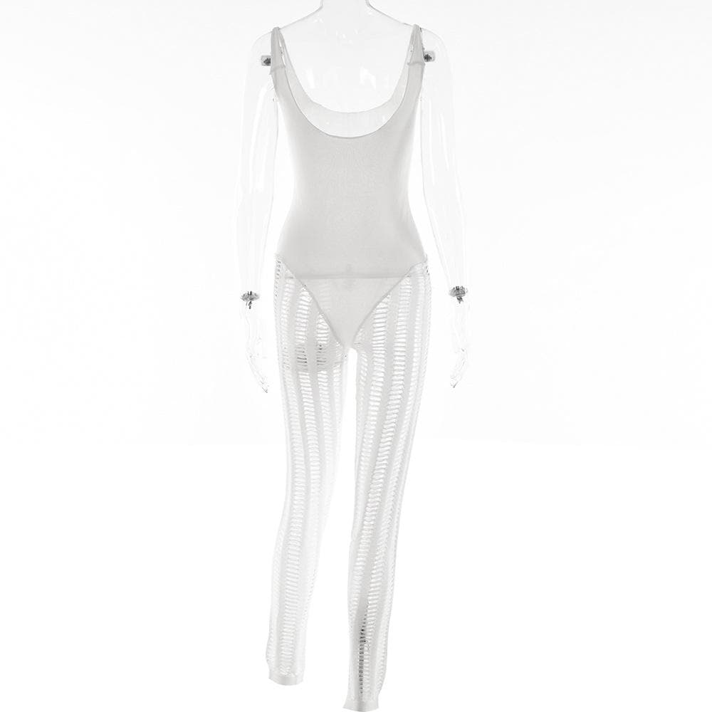 Crochet solid sleeveless hollow out backless low cut jumpsuit - Final Sale