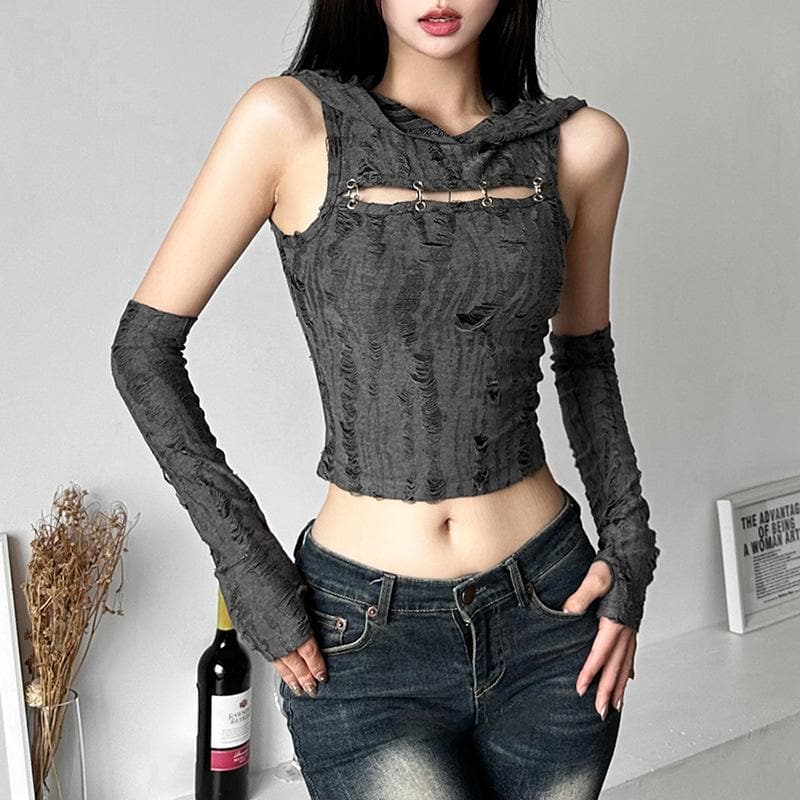 Gloves textured sleeveless solid hoodie o ring crop top