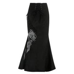 Dragon pattern lace up contrast lace hem maxi skirt