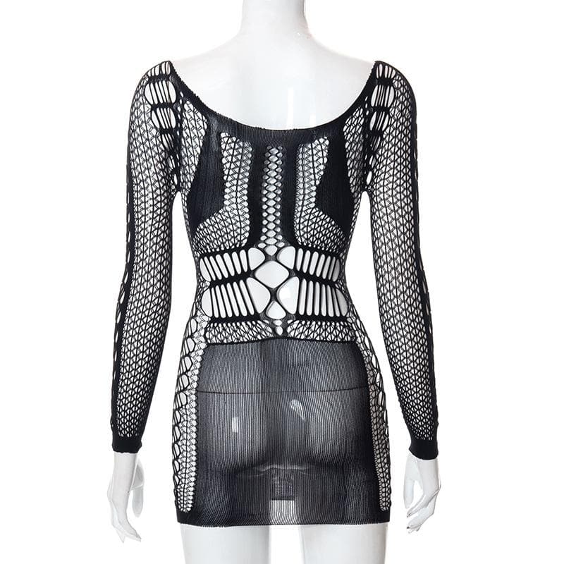 Fishnet long sleeve hollow out see through cut out mini dress