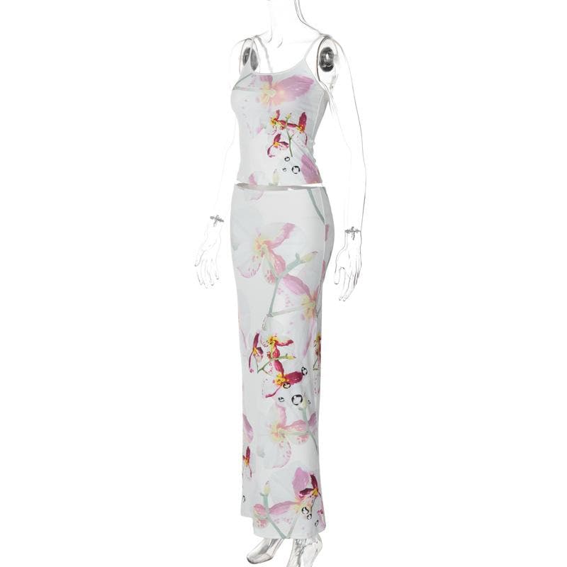 Flower print u neck adjustable cami maxi skirt set