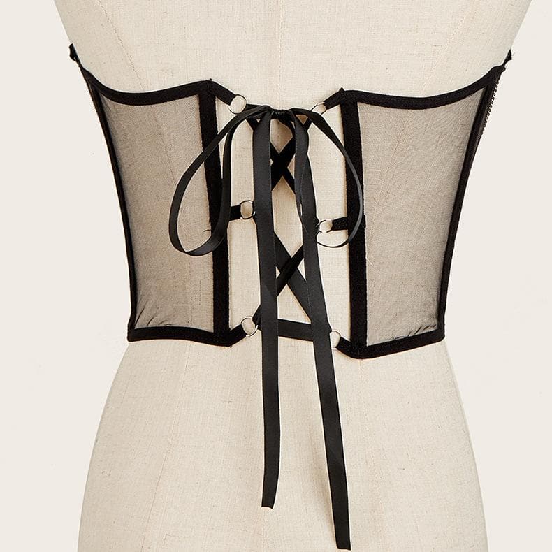 Mesh stitch metal chain lace up corset