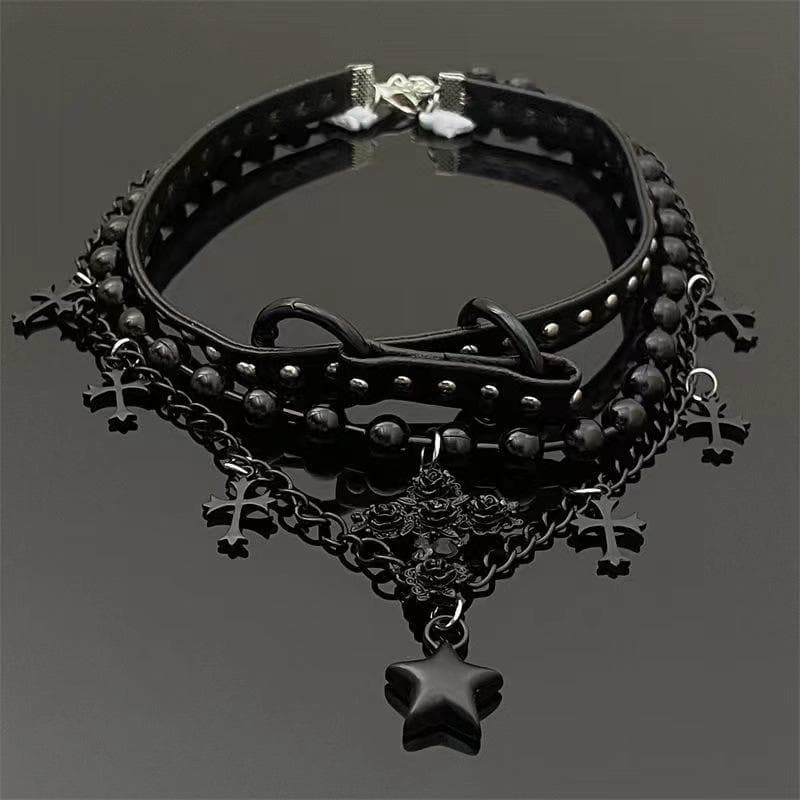 Cross star pendant beaded PU leather choker necklace