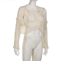 Crochet long sleeve solid hollow out round neck crop cut out top