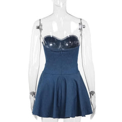 Denim sweetheart neck stitch ruched tube mini dress