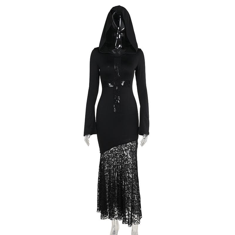 Long sleeve hoodie lace hem cross pattern maxi dress