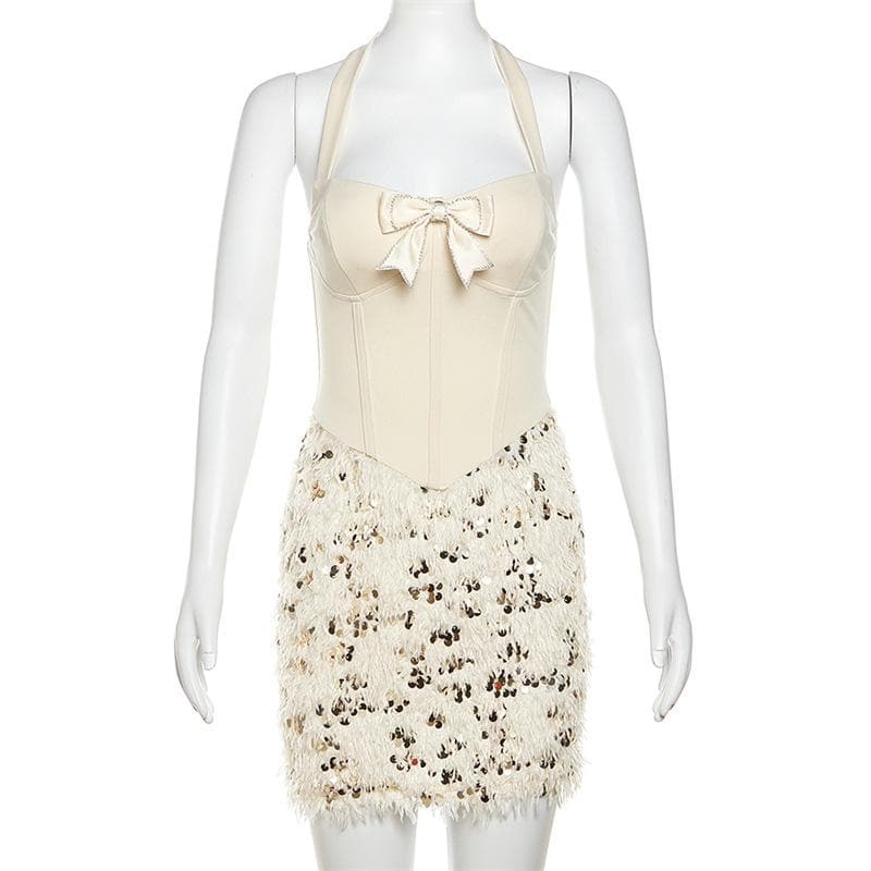 Halter bowknot feather glitter bustier beaded mini dress