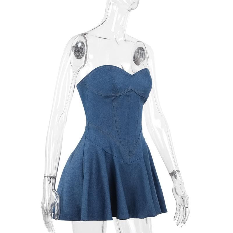 Denim sweetheart neck stitch ruched tube mini dress