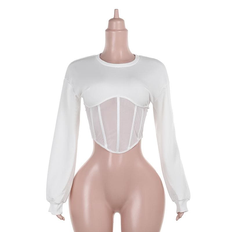 Long sleeve crewneck corset patchwork crop top