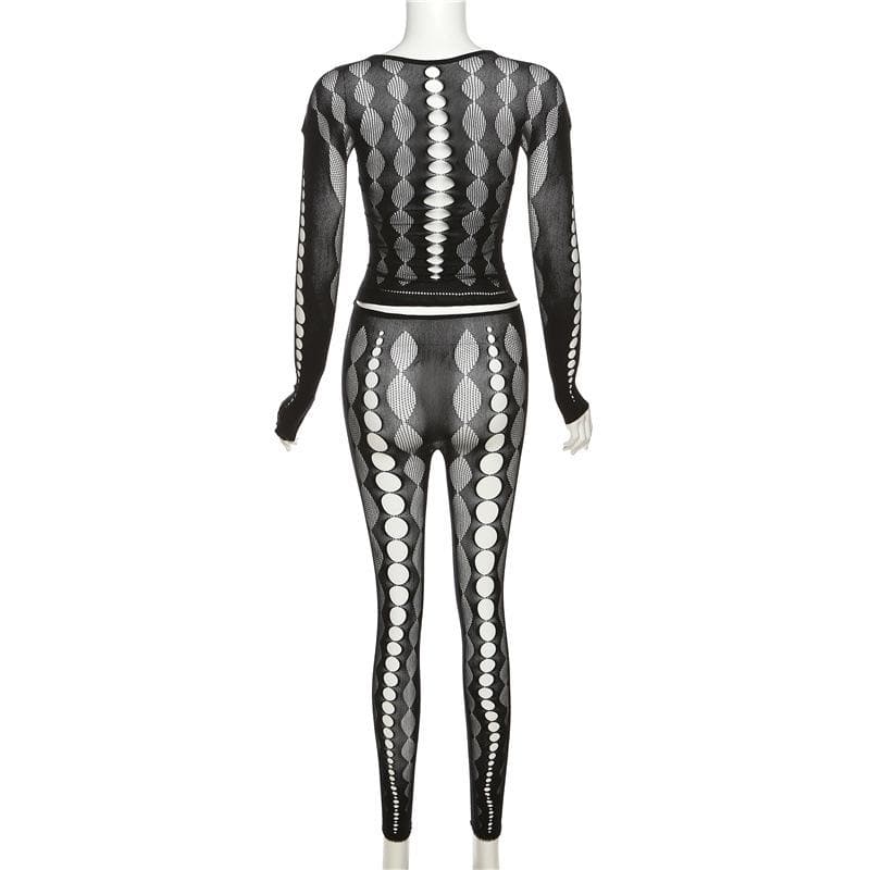 Fishnet long sleeve hollow out see through gloves solid pant set