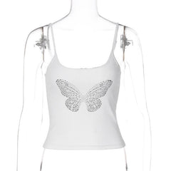 Beaded u neck backless butterfly pattern cami crop top