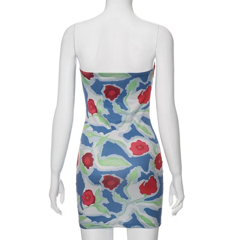 Backless sleeveless flower print contrast tube mini dress