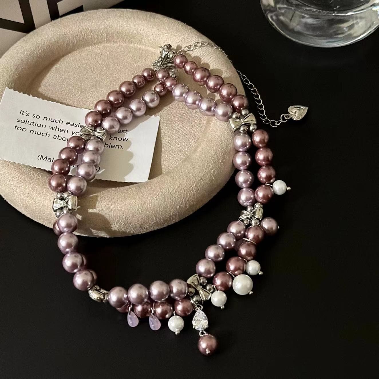 Beaded faux pearl layered choker necklace