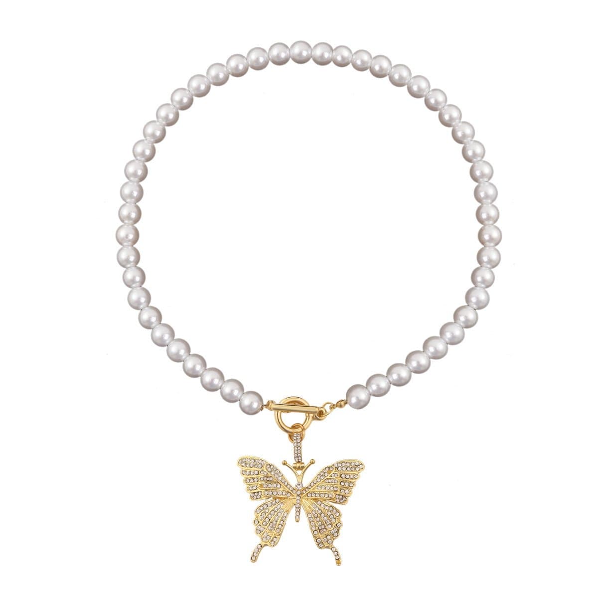 Faux pearl beaded butterfly pendant necklace